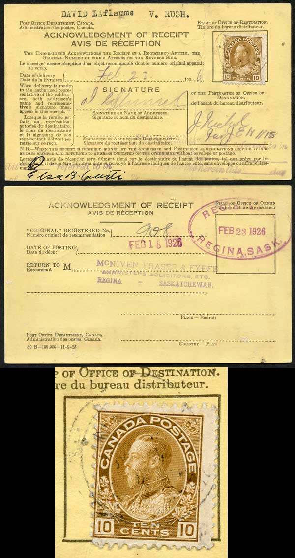 Canada KGV 10c Brown on Acknowledgment of receipt – Mark Bloxham Stamps Ltd