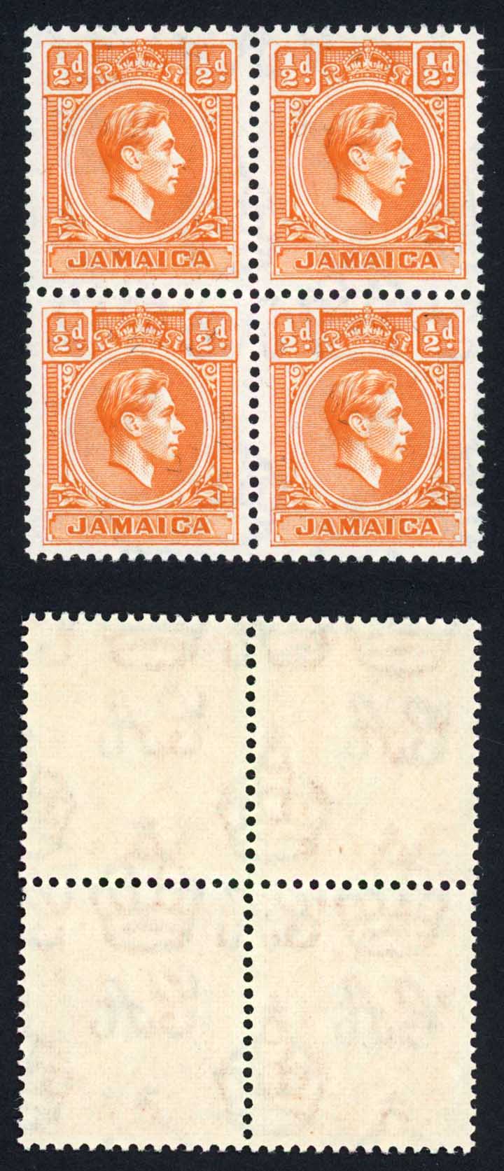 Jamaica SG121b 1/2d Orange A BLOCK of FOUR U/M