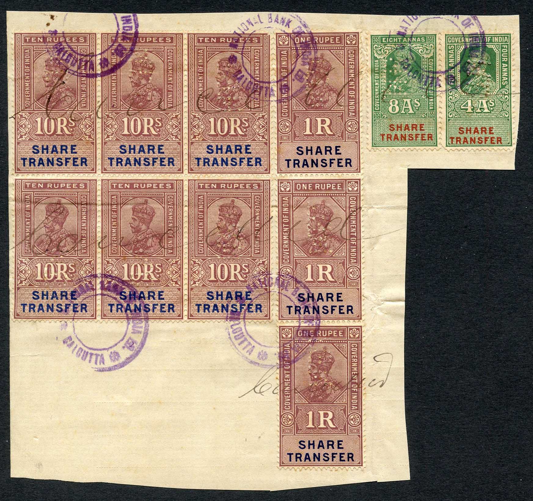 India KGV 11 x Share Transfer Revenue Stamps on piece – Mark Bloxham