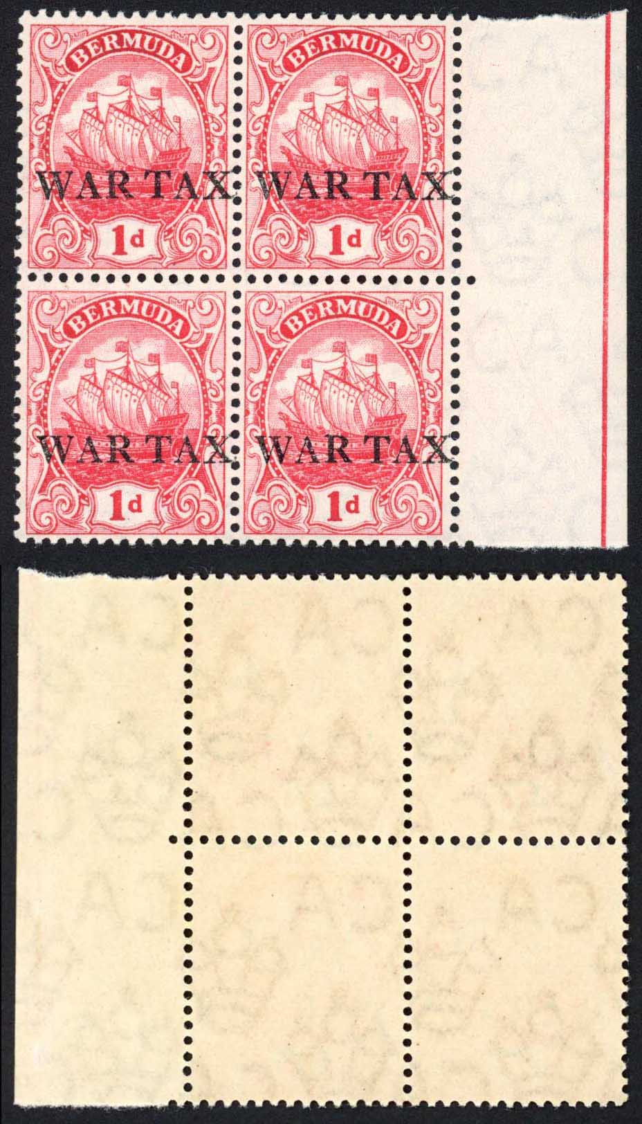 Bermuda KGVI 1d War Stamp Opt Displaced U M Block Mark Bloxham