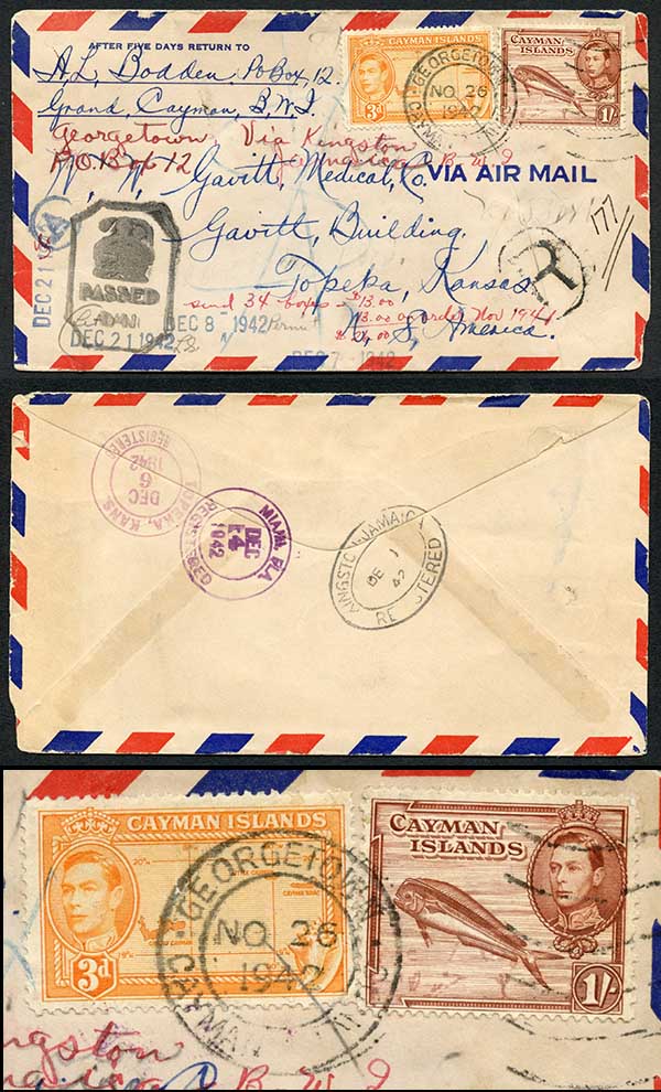 Cayman Is 1942 Censored registered cover to Topeka Kansas with numerous