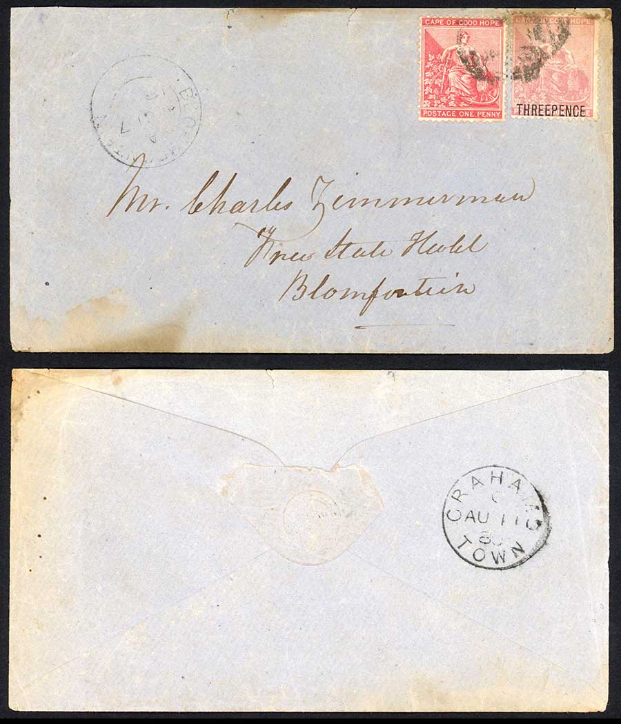 Cape of Good Hope 1880 4d rate cover GRAHAMSTOWN to BLOEMFONTEIN – Mark ...