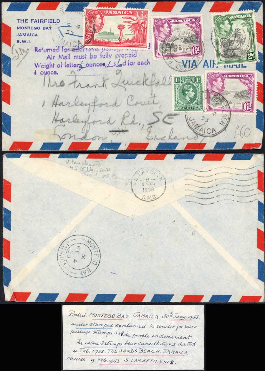 Jamaica KGVI return to sender for additional postage stamps Mark