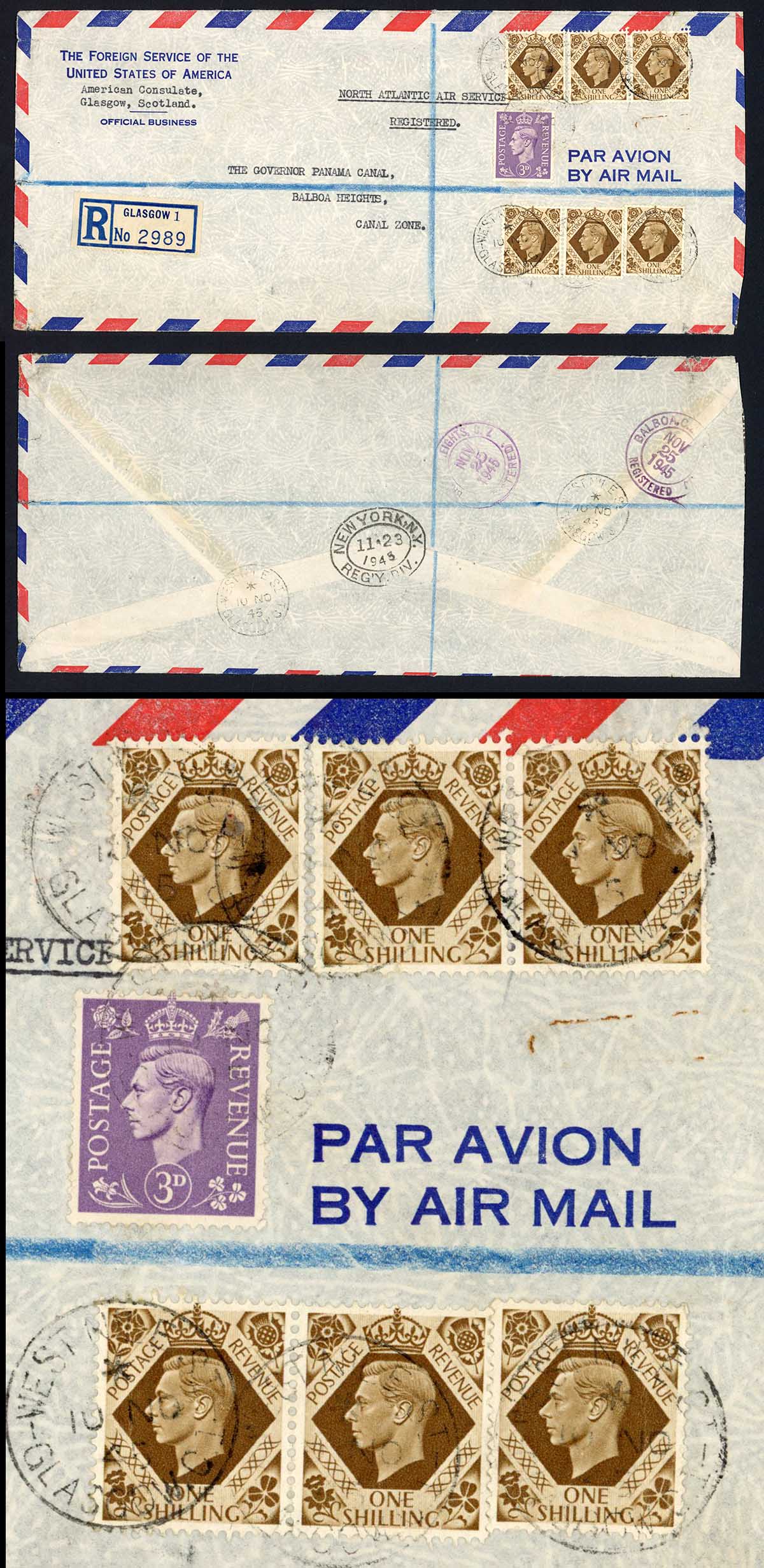 KGVI 1/- Bistre-Brown on 1945 Over 1 1/2oz and 3d Registration cover to ...