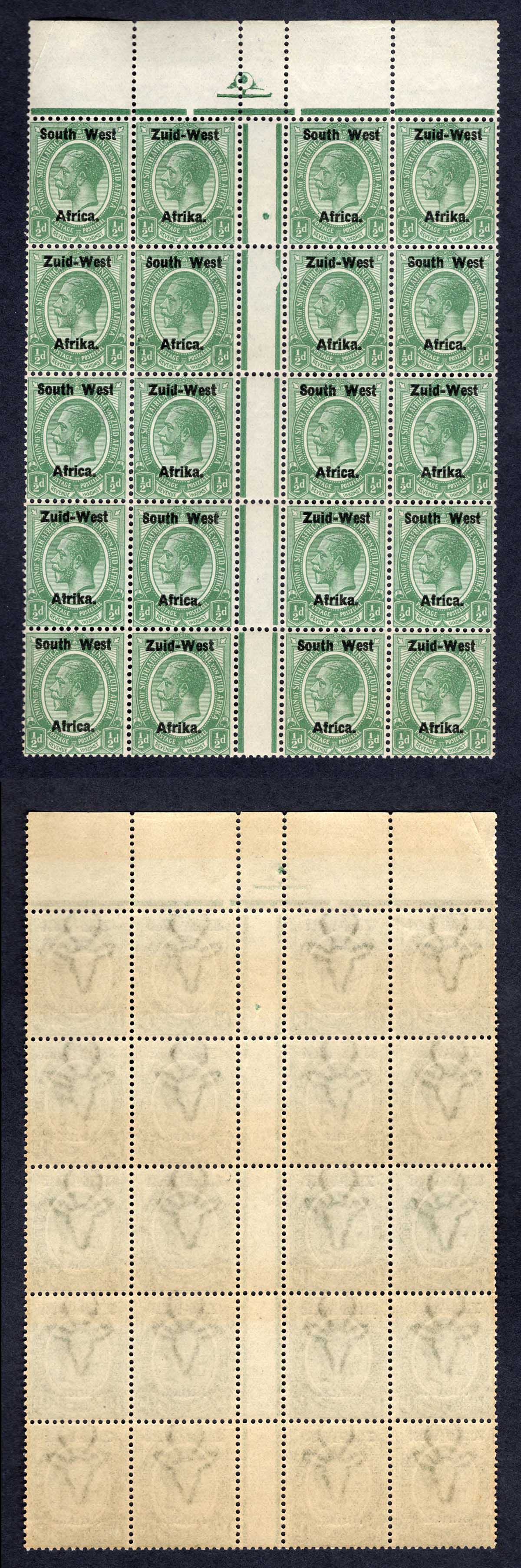 SWA SG1 1/2d opt Zuid-west Gutter Block of 20 U/M - Mark Bloxham Stamps Ltd