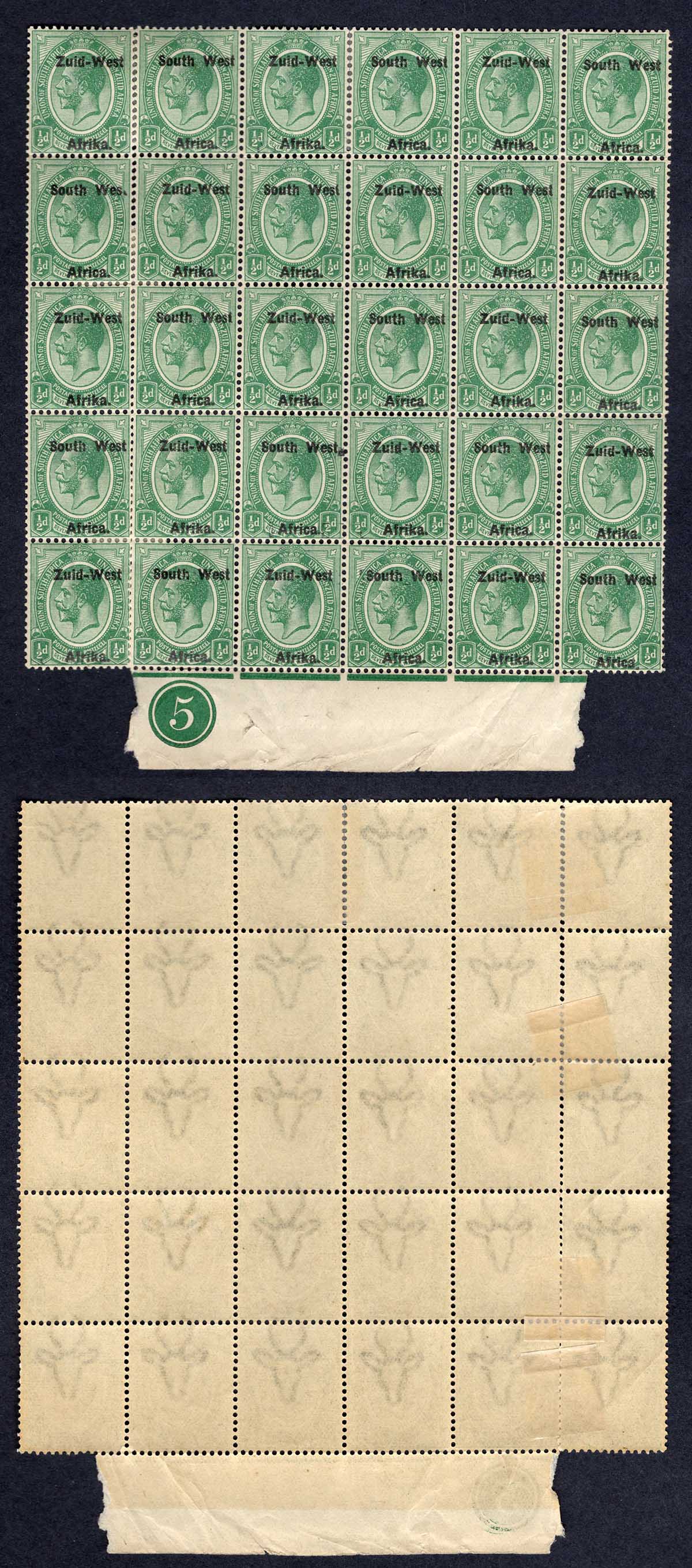 SWA SG1 1/2d opt Zuid-west Block of 30 (20 x U/M) - Mark Bloxham Stamps Ltd