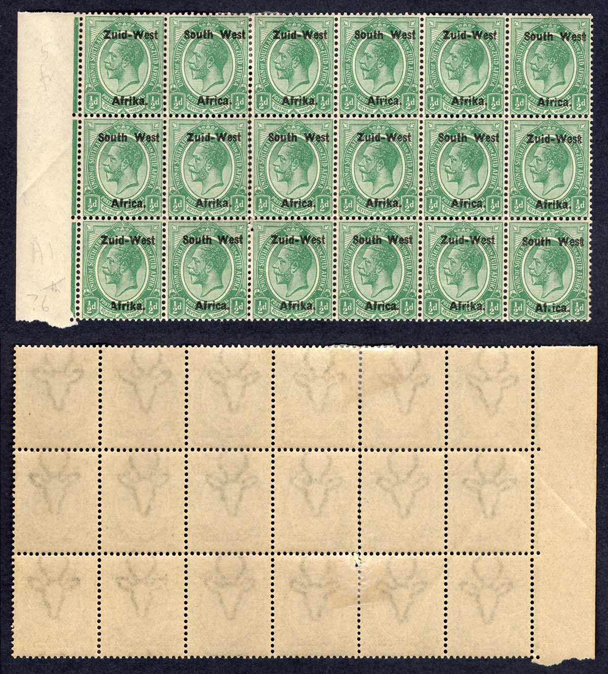 SWA SG1 1/2d opt Zuid-west Block of 18 (14 x U/M) – Mark Bloxham Stamps Ltd