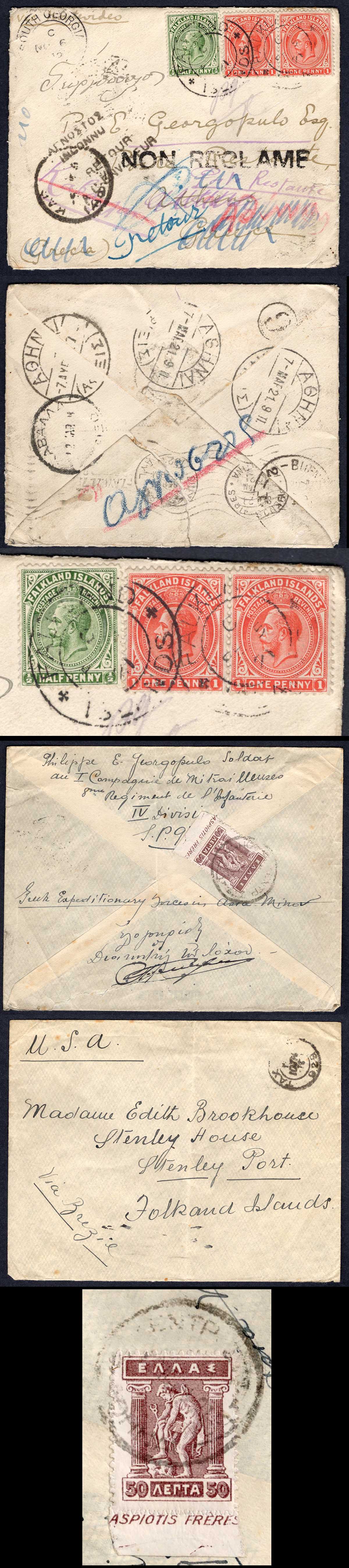 Falkland Islands 1921 returned cover to Greece AND the Companion Cover ...